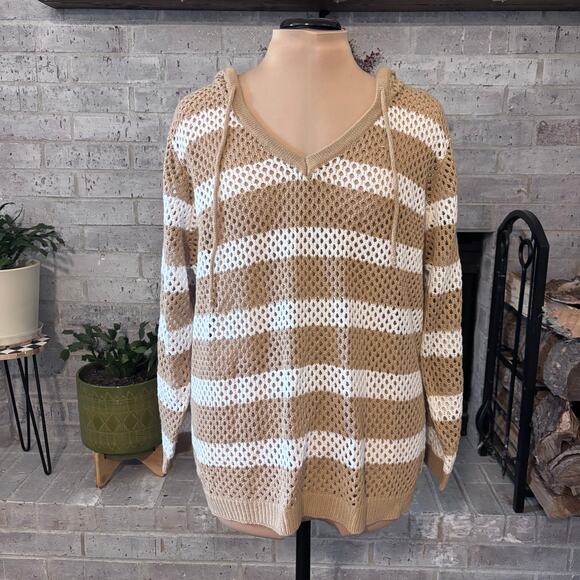 FCT With Love Open Work Crocheted Sweater Size 1X Hood Stripes - Picture 1 of 6